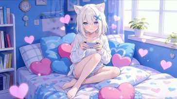 游戏动漫动态壁纸：蓝眼猫娘玩家