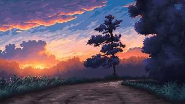 公路树木日落天空动态壁纸