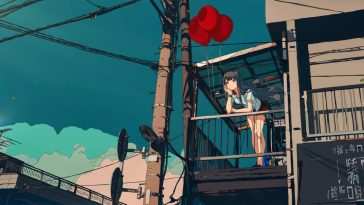 动漫女孩阳台景观和红气球 · 动态壁纸