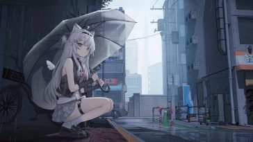 雨伞动漫狼女孩雨城街 · 动态壁纸