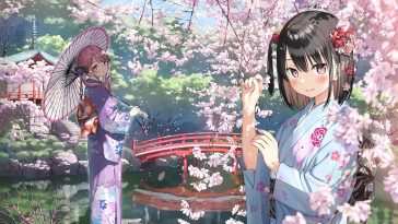 动漫女孩和服樱花 · 动态壁纸