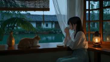 Anime Girl Cozy Rain And Cat Live Wallpaper