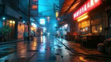 降雪空荡荡的中国赛博朋克街 · 动态壁纸
