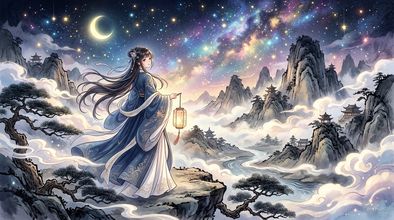 二次元少女，飘逸长发，梦幻星空背景，彩色光影